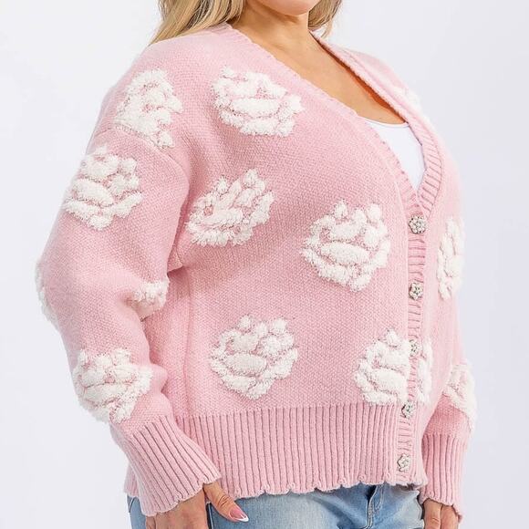 AndTheWhy Long Sleeve Button Cardigan with Flower detail - Plus 1X/2X, & 2X/3X - Picture 2 of 4